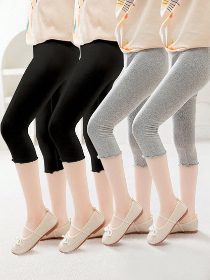 4/2/1pc Summer Girls Leggings, Children's Base Layer Pants, Baby, Spring/Summer, Lightweight, Frill Trim Mid-Thigh Leggings, Grey, Black, Solid Color, Casual Capri Pants, Simple Cute Fashion, Suitable