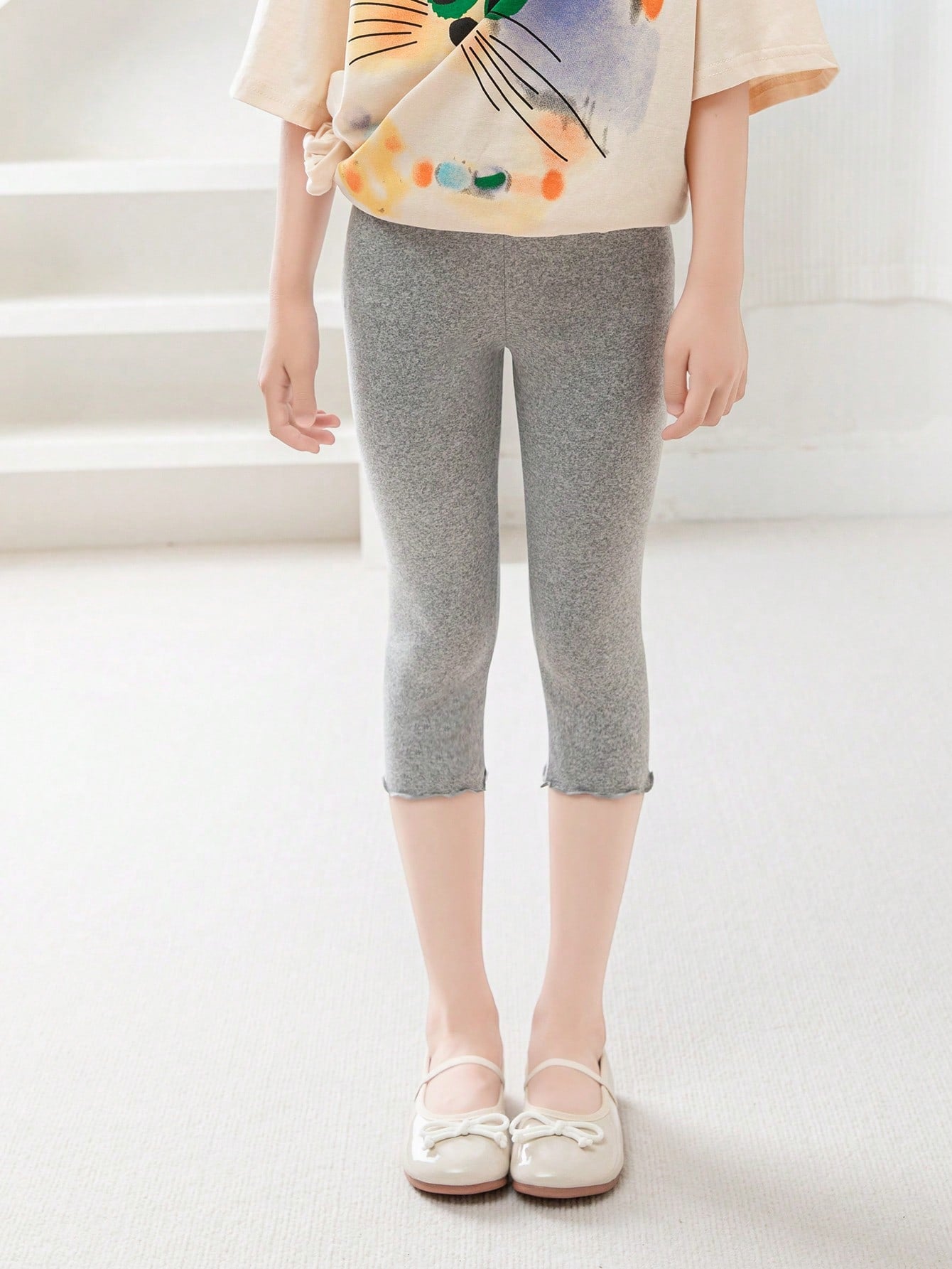 4/2/1pc Summer Girls Leggings, Children's Base Layer Pants, Baby, Spring/Summer, Lightweight, Frill Trim Mid-Thigh Leggings, Grey, Black, Solid Color, Casual Capri Pants, Simple Cute Fashion, Suitable