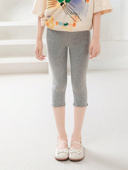 4/2/1pc Summer Girls Leggings, Children's Base Layer Pants, Baby, Spring/Summer, Lightweight, Frill Trim Mid-Thigh Leggings, Grey, Black, Solid Color, Casual Capri Pants, Simple Cute Fashion, Suitable