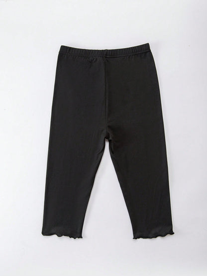 4/2/1pc Summer Girls Leggings, Children's Base Layer Pants, Baby, Spring/Summer, Lightweight, Frill Trim Mid-Thigh Leggings, Grey, Black, Solid Color, Casual Capri Pants, Simple Cute Fashion, Suitable