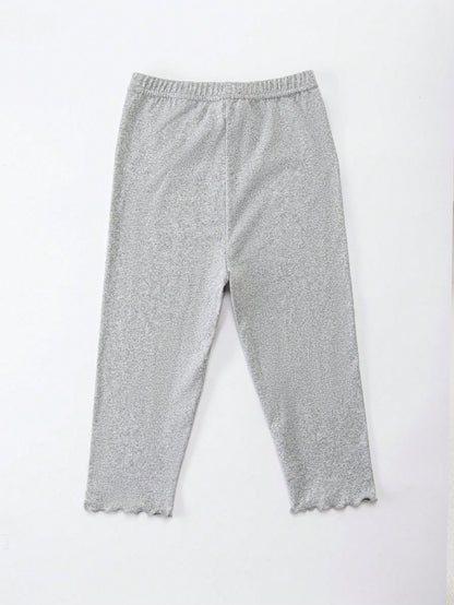 4/2/1pc Summer Girls Leggings, Children's Base Layer Pants, Baby, Spring/Summer, Lightweight, Frill Trim Mid-Thigh Leggings, Grey, Black, Solid Color, Casual Capri Pants, Simple Cute Fashion, Suitable