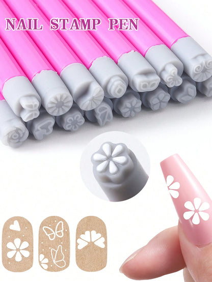 4/6/10/15Pcs/Set Nail Art Stamp Pen Set, Flower Butterfly Pattern Nail Transfer Print Tool, Non-Alcoholic Nail Stamping Kit For Women