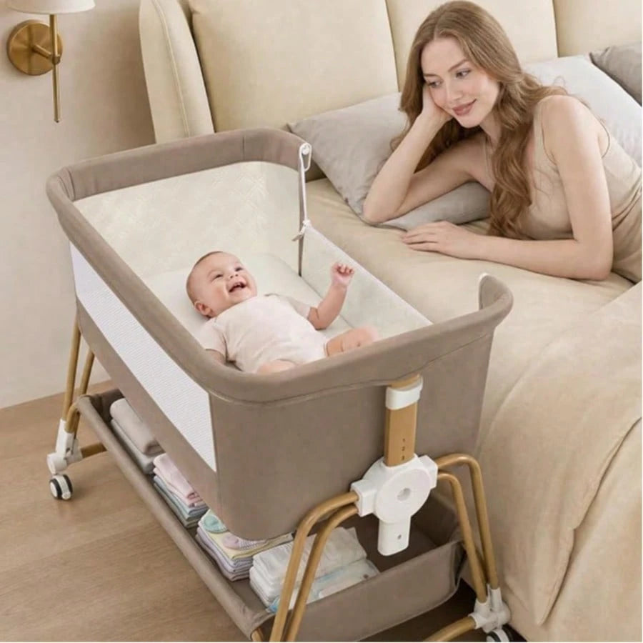 4-In-1 Baby Bassinet For Boys Girls Infant, Bedside Sleeper Crib With Wheels, Storage Basket And Mattress,7 Height Adjustable For Newborn,Khaki-Brown