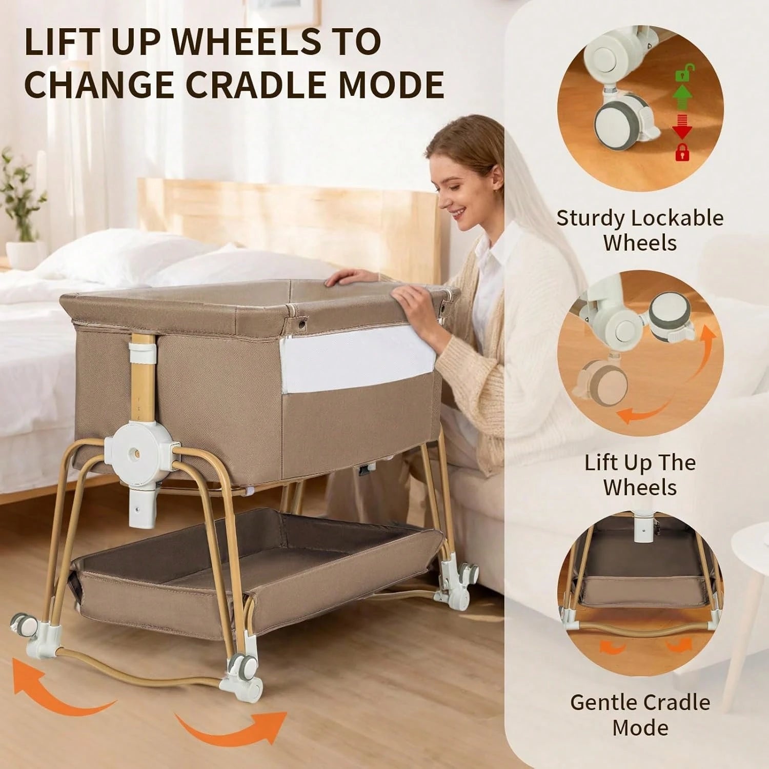 4-In-1 Baby Bassinet For Boys Girls Infant, Bedside Sleeper Crib With Wheels, Storage Basket And Mattress,7 Height Adjustable For Newborn,Khaki-Brown