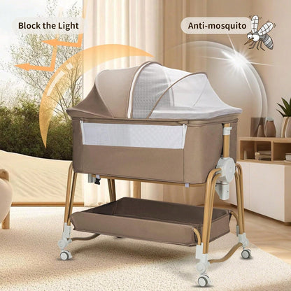 4-In-1 Baby Bassinet For Boys Girls Infant, Bedside Sleeper Crib With Wheels, Storage Basket And Mattress,7 Height Adjustable For Newborn,Khaki-Brown