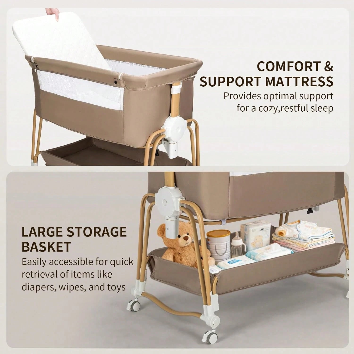 4-In-1 Baby Bassinet For Boys Girls Infant, Bedside Sleeper Crib With Wheels, Storage Basket And Mattress,7 Height Adjustable For Newborn,Khaki-Brown