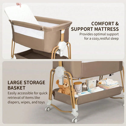 4-In-1 Baby Bassinet For Boys Girls Infant, Bedside Sleeper Crib With Wheels, Storage Basket And Mattress,7 Height Adjustable For Newborn,Khaki-Brown