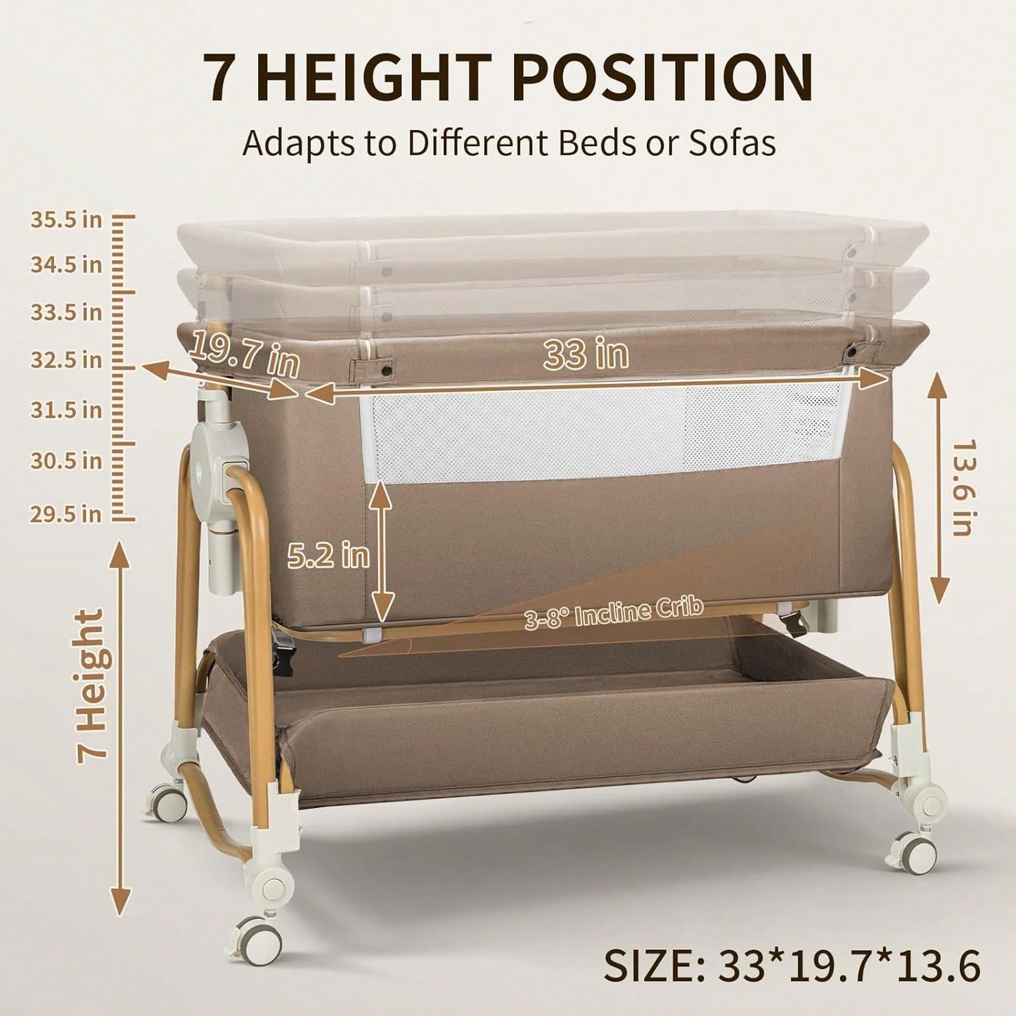4-In-1 Baby Bassinet For Boys Girls Infant, Bedside Sleeper Crib With Wheels, Storage Basket And Mattress,7 Height Adjustable For Newborn,Khaki-Brown