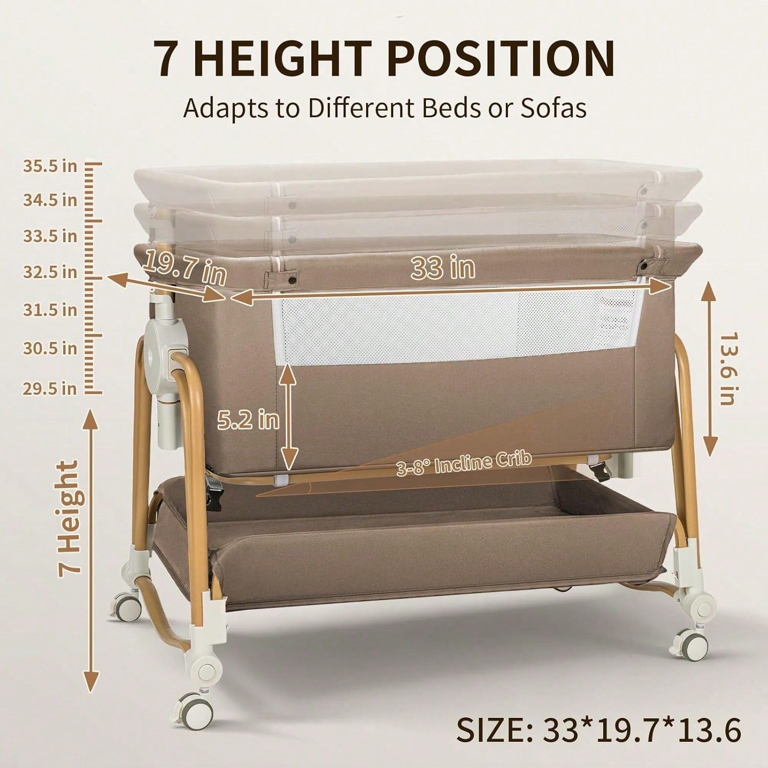 4-In-1 Baby Bassinet For Boys Girls Infant, Bedside Sleeper Crib With Wheels, Storage Basket And Mattress,7 Height Adjustable For Newborn,Khaki-Brown