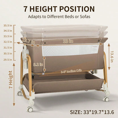 4-In-1 Baby Bassinet For Boys Girls Infant, Bedside Sleeper Crib With Wheels, Storage Basket And Mattress,7 Height Adjustable For Newborn,Khaki-Brown