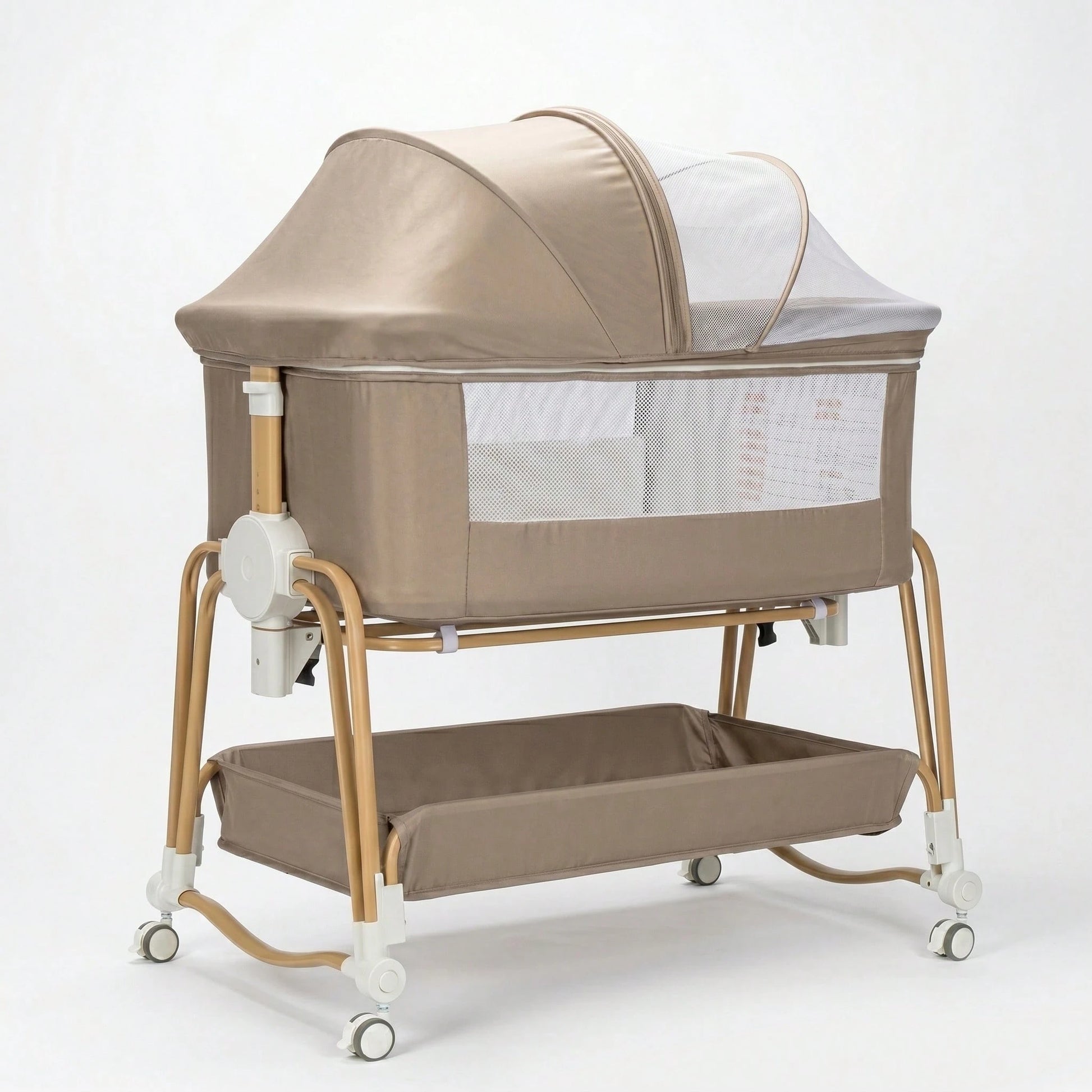 4-In-1 Baby Bassinet For Boys Girls Infant, Bedside Sleeper Crib With Wheels, Storage Basket And Mattress,7 Height Adjustable For Newborn,Khaki-Brown