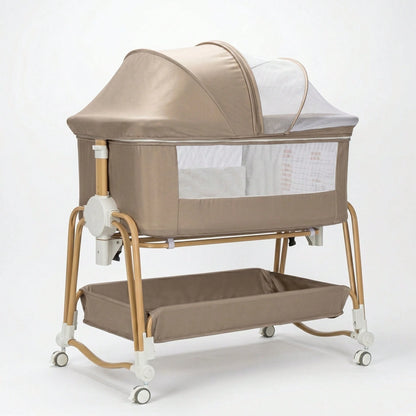 4-In-1 Baby Bassinet For Boys Girls Infant, Bedside Sleeper Crib With Wheels, Storage Basket And Mattress,7 Height Adjustable For Newborn,Khaki-Brown
