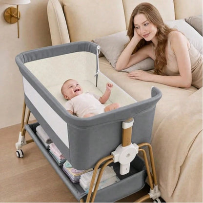 4-In-1 Baby Bassinet For Boys Girls Infant, Bedside Sleeper Crib With Wheels, Storage Basket And Mattress,7 Height Adjustable For Newborn,Khaki-Brown