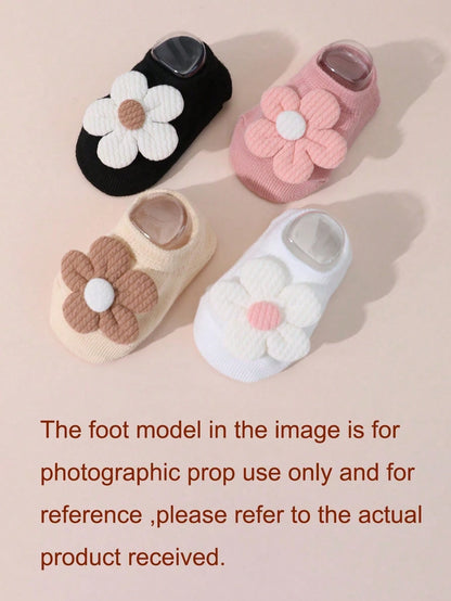 4 Pairs Baby Girls Floral Anti-Slip Floor Socks, Cute Short Ankle Socks For Infants, Suitable For All Seasons