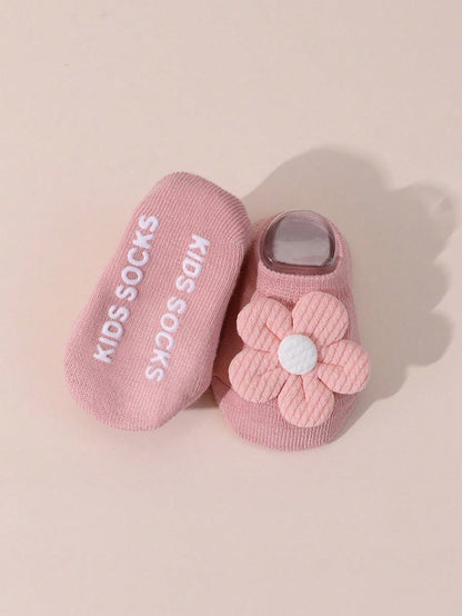4 Pairs Baby Girls Floral Anti-Slip Floor Socks, Cute Short Ankle Socks For Infants, Suitable For All Seasons