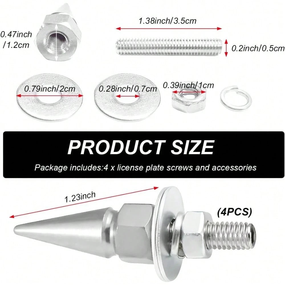 4 PCS Spikes License Plate Screws For Car, Anti Theft Spike Shape Aluminum Car Plate Frame Fastenings Bolt, Cool Licence Plate Screw Set For Car Truck Motorcycle, Car Accessories (Silver)