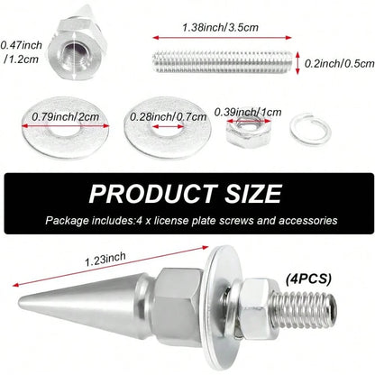 4 PCS Spikes License Plate Screws For Car, Anti Theft Spike Shape Aluminum Car Plate Frame Fastenings Bolt, Cool Licence Plate Screw Set For Car Truck Motorcycle, Car Accessories (Silver)