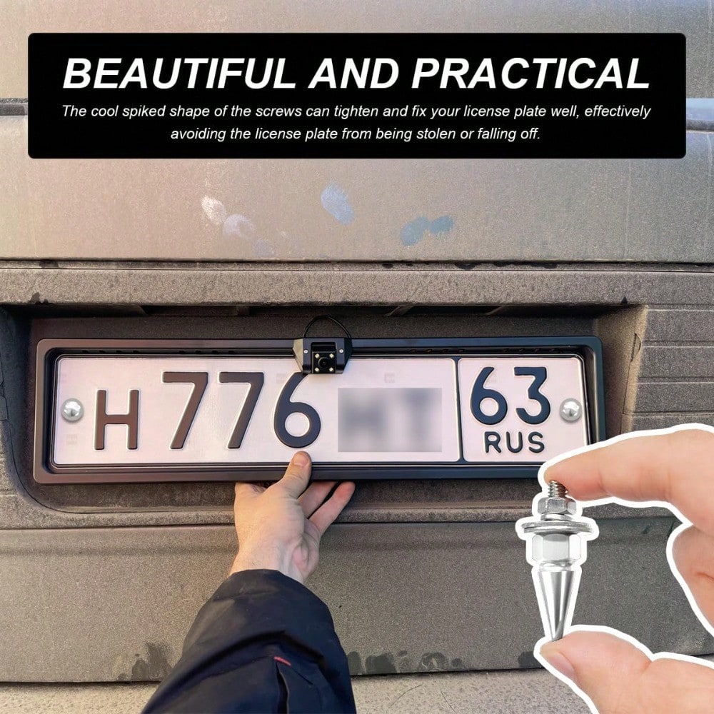 4 PCS Spikes License Plate Screws For Car, Anti Theft Spike Shape Aluminum Car Plate Frame Fastenings Bolt, Cool Licence Plate Screw Set For Car Truck Motorcycle, Car Accessories (Silver)