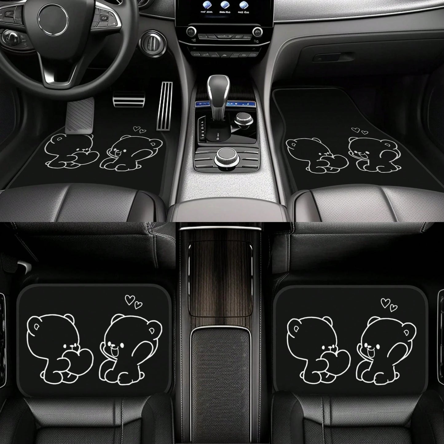 4-Piece Set Of Cute Cartoon Bear Universal Car Floor Mats, Waterproof, Non-Slip, Wear-Resistant, Easy To Clean, Suitable For Hatoh, Sedans, Pickups, And SUVs