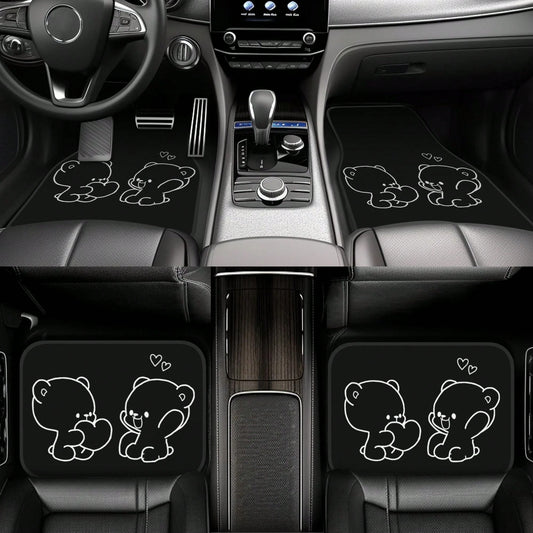 4-Piece Set Of Cute Cartoon Bear Universal Car Floor Mats, Waterproof, Non-Slip, Wear-Resistant, Easy To Clean, Suitable For Hatoh, Sedans, Pickups, And SUVs