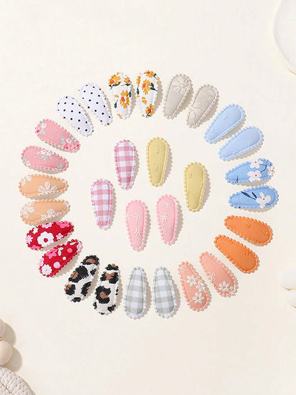 40/60pcs Random Cute Children Mini Water Drop BB Clips, Fabric Printed & Embroidered Hair Clips, Surprise Baby Girl Hair Accessories