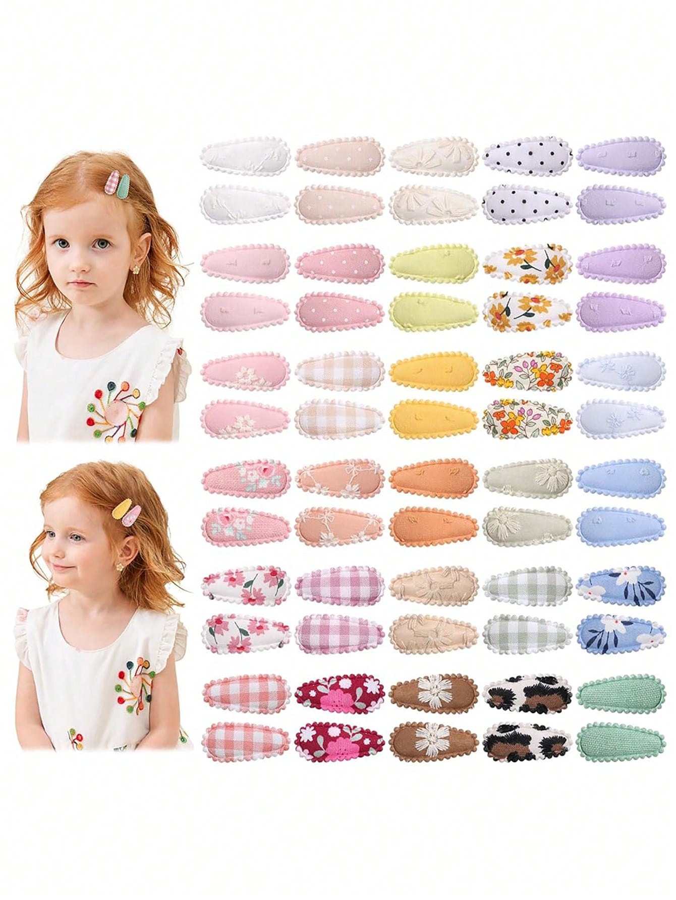 40/60pcs Random Cute Children Mini Water Drop BB Clips, Fabric Printed & Embroidered Hair Clips, Surprise Baby Girl Hair Accessories