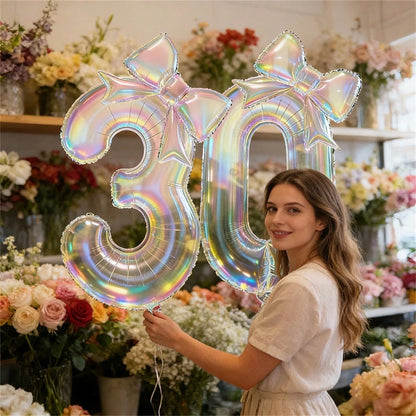 40-Inch Large Colorful Transparent Aluminum Foil Number Balloons Set (0-9) With Transparent Bow-Shaped Balloons And Glue Dots For Birthday Party Decorations, Anniversary Celebrations, Holiday Backdrop