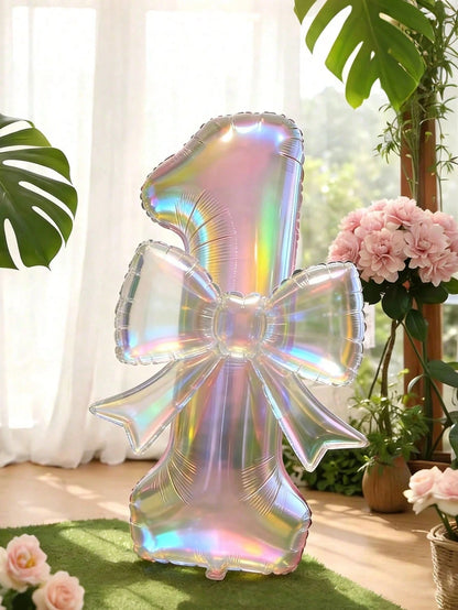 40-Inch Large Colorful Transparent Aluminum Foil Number Balloons Set (0-9) With Transparent Bow-Shaped Balloons And Glue Dots For Birthday Party Decorations, Anniversary Celebrations, Holiday Backdrop