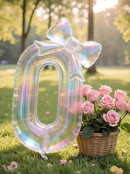 40-Inch Large Colorful Transparent Aluminum Foil Number Balloons Set (0-9) With Transparent Bow-Shaped Balloons And Glue Dots For Birthday Party Decorations, Anniversary Celebrations, Holiday Backdrop