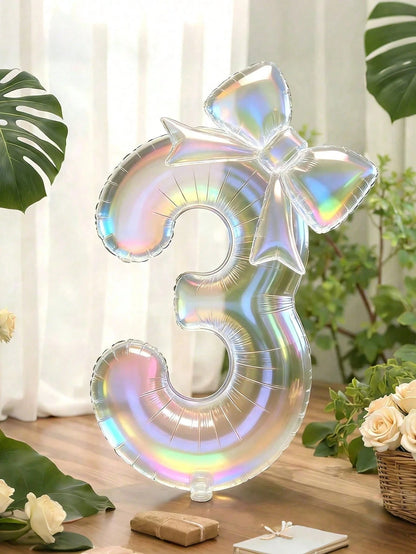 40-Inch Large Colorful Transparent Aluminum Foil Number Balloons Set (0-9) With Transparent Bow-Shaped Balloons And Glue Dots For Birthday Party Decorations, Anniversary Celebrations, Holiday Backdrop