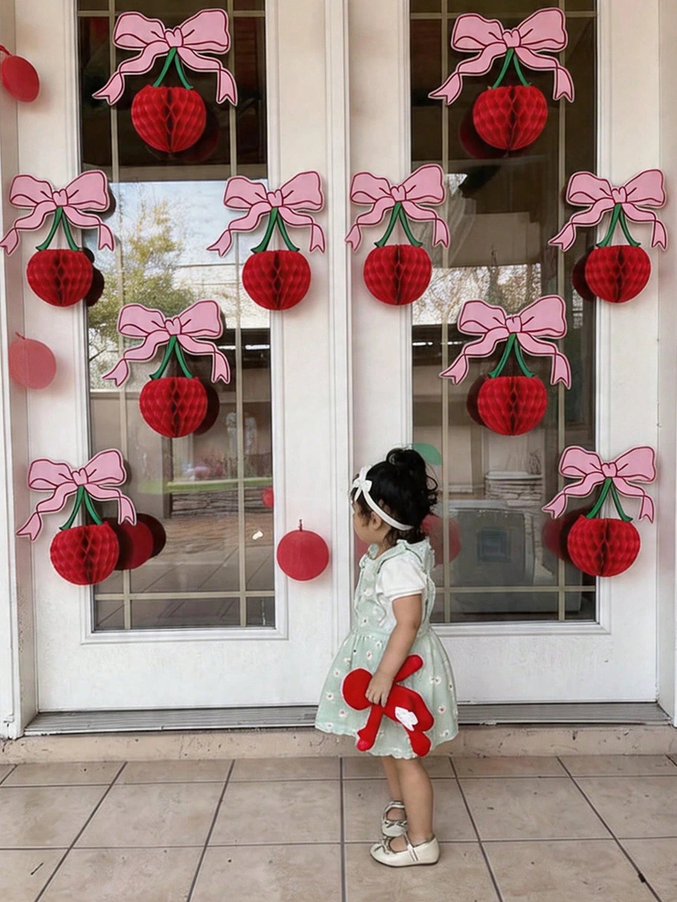 4pcs 3D Cherry Bow Honeycomb Birthday Party Decorations 3D Red Pink Cherry Lantern 12 Inch Large Cherry Centerpiece Table Party Decorations Gifts For Nursery Decoration Baby Shower Wedding Home Baby B