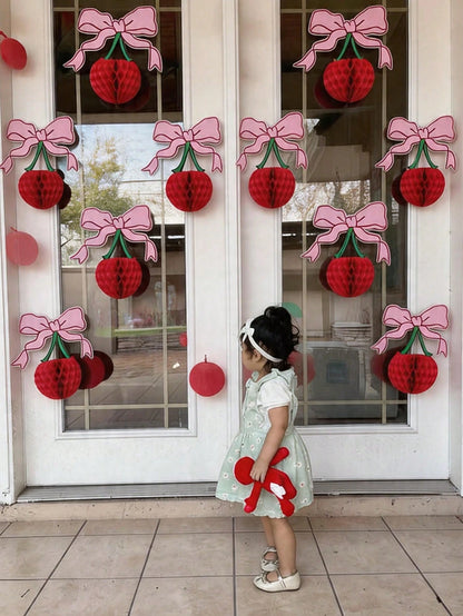 4pcs 3D Cherry Bow Honeycomb Birthday Party Decorations 3D Red Pink Cherry Lantern 12 Inch Large Cherry Centerpiece Table Party Decorations Gifts For Nursery Decoration Baby Shower Wedding Home Baby B