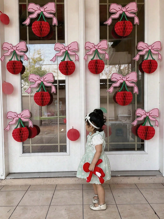 4pcs 3D Cherry Bow Honeycomb Birthday Party Decorations 3D Red Pink Cherry Lantern 12 Inch Large Cherry Centerpiece Table Party Decorations Gifts For Nursery Decoration Baby Shower Wedding Home Baby B