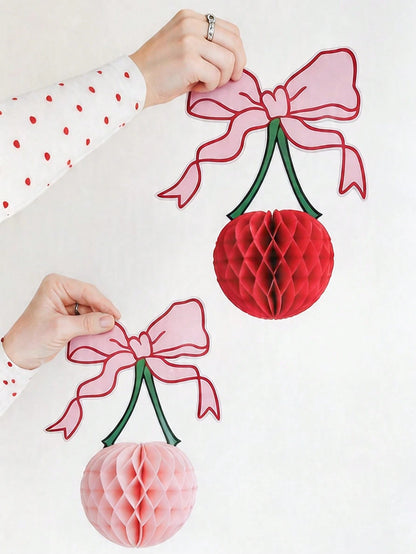 4pcs 3D Cherry Bow Honeycomb Birthday Party Decorations 3D Red Pink Cherry Lantern 12 Inch Large Cherry Centerpiece Table Party Decorations Gifts For Nursery Decoration Baby Shower Wedding Home Baby B