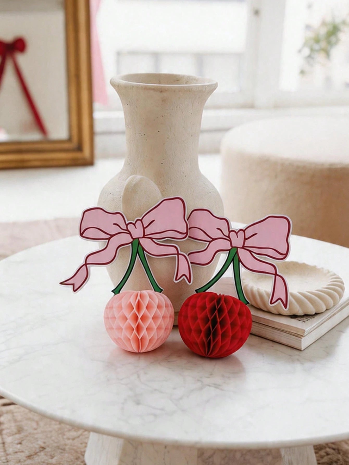 4pcs 3D Cherry Bow Honeycomb Birthday Party Decorations 3D Red Pink Cherry Lantern 12 Inch Large Cherry Centerpiece Table Party Decorations Gifts For Nursery Decoration Baby Shower Wedding Home Baby B