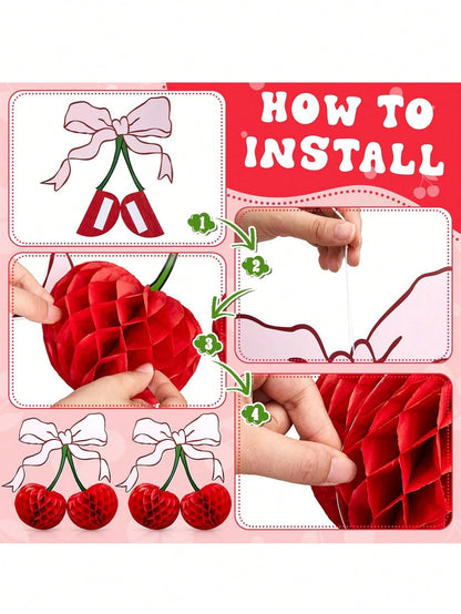 4pcs 3D Cherry Bow Honeycomb Birthday Party Decorations 3D Red Pink Cherry Lantern 12 Inch Large Cherry Centerpiece Table Party Decorations Gifts For Nursery Decoration Baby Shower Wedding Home Baby B