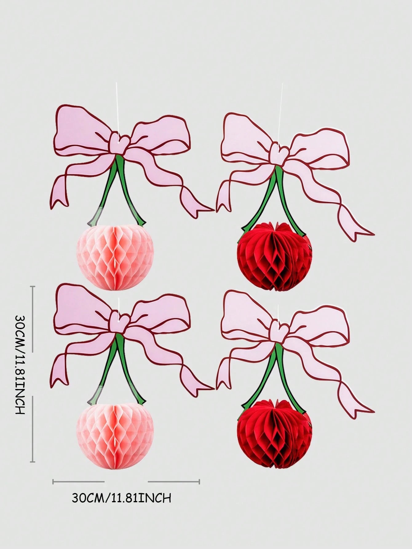 4pcs 3D Cherry Bow Honeycomb Birthday Party Decorations 3D Red Pink Cherry Lantern 12 Inch Large Cherry Centerpiece Table Party Decorations Gifts For Nursery Decoration Baby Shower Wedding Home Baby B