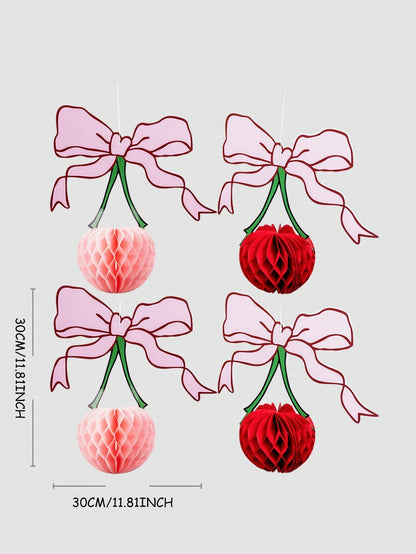 4pcs 3D Cherry Bow Honeycomb Birthday Party Decorations 3D Red Pink Cherry Lantern 12 Inch Large Cherry Centerpiece Table Party Decorations Gifts For Nursery Decoration Baby Shower Wedding Home Baby B