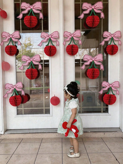 4pcs 3D Cherry Bow Honeycomb Birthday Party Decorations 3D Red Pink Cherry Lantern 12 Inch Large Cherry Centerpiece Table Party Decorations Gifts For Nursery Decoration Baby Shower Wedding Home Baby B