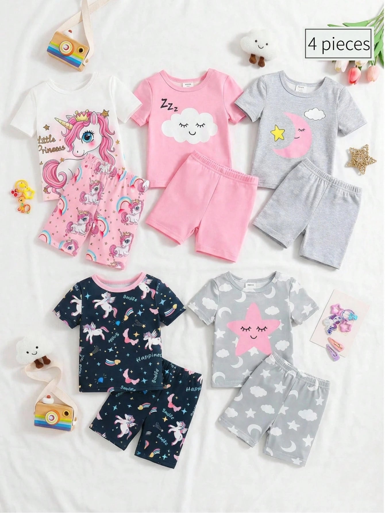 4pcs Baby Girls Pajama Set, Cute Star, Rainbow, Unicorn Print Tight Fit Short Sleeve Top And Shorts, 2 Sets As Baby Holiday Gift
