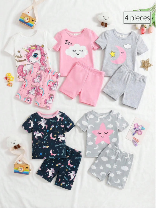 4pcs Baby Girls Pajama Set, Cute Star, Rainbow, Unicorn Print Tight Fit Short Sleeve Top And Shorts, 2 Sets As Baby Holiday Gift