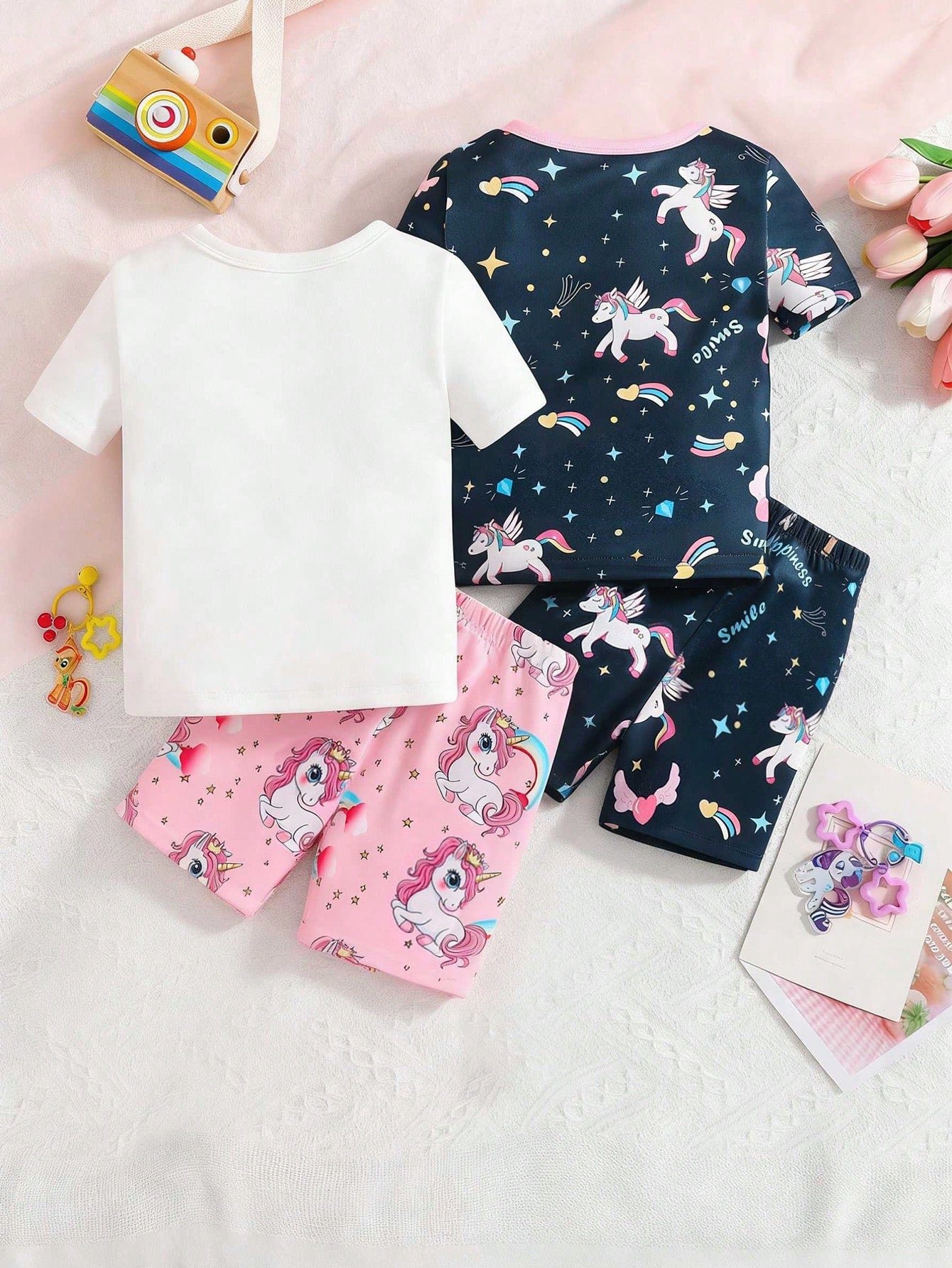 4pcs Baby Girls Pajama Set, Cute Star, Rainbow, Unicorn Print Tight Fit Short Sleeve Top And Shorts, 2 Sets As Baby Holiday Gift