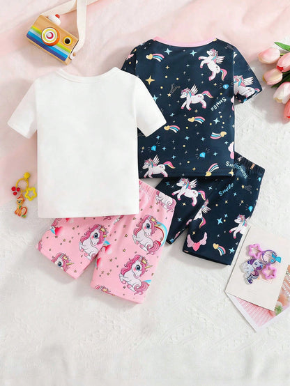 4pcs Baby Girls Pajama Set, Cute Star, Rainbow, Unicorn Print Tight Fit Short Sleeve Top And Shorts, 2 Sets As Baby Holiday Gift