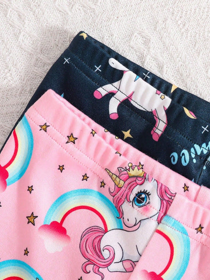 4pcs Baby Girls Pajama Set, Cute Star, Rainbow, Unicorn Print Tight Fit Short Sleeve Top And Shorts, 2 Sets As Baby Holiday Gift