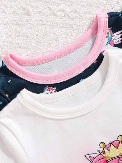 4pcs Baby Girls Pajama Set, Cute Star, Rainbow, Unicorn Print Tight Fit Short Sleeve Top And Shorts, 2 Sets As Baby Holiday Gift