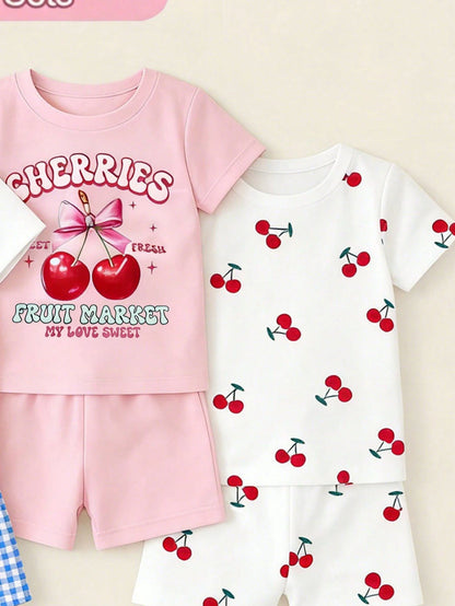4pcs Baby Girls Pajama Set, Cute Star, Rainbow, Unicorn Print Tight Fit Short Sleeve Top And Shorts, 2 Sets As Baby Holiday Gift