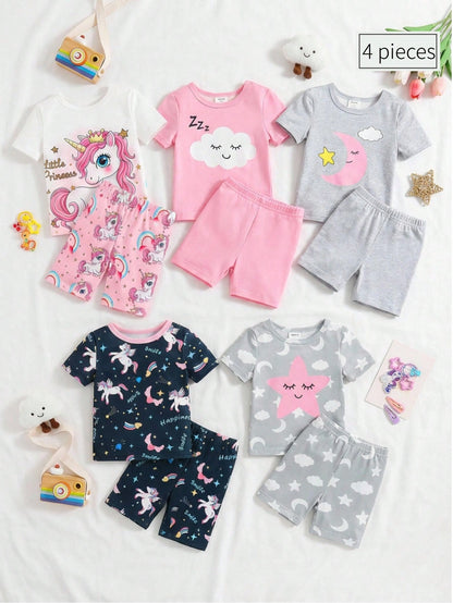 4pcs Baby Girls Pajama Set, Cute Star, Rainbow, Unicorn Print Tight Fit Short Sleeve Top And Shorts, 2 Sets As Baby Holiday Gift