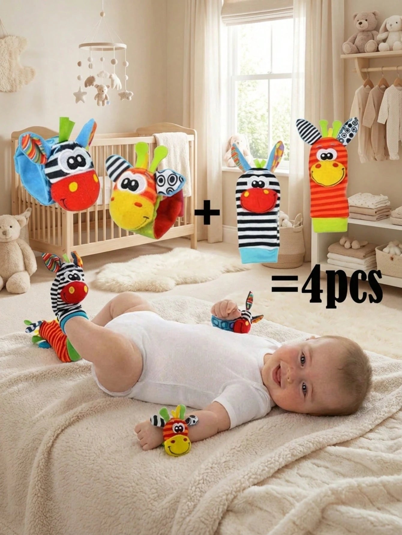 4pcs Baby Rattle Toy Set, Sensory Toys, Toe Exploration Socks Wrist Rattle Bracelet, Suitable For Halloween, Thanksgiving, Christmas, Easter And Other Holiday Gifts