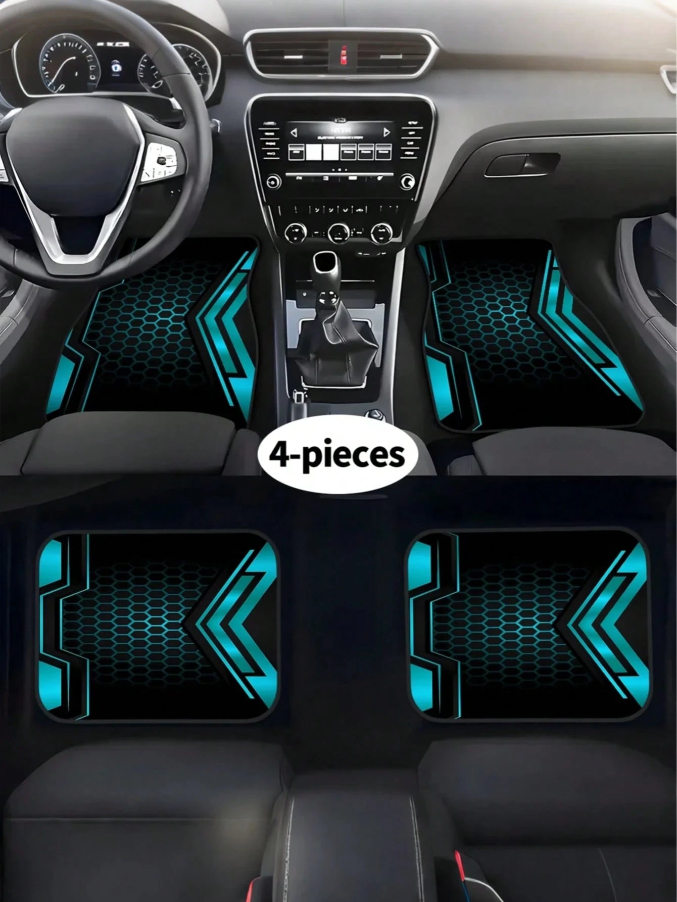 4pcs Car Floor Mat Set- 2D Printed Pattern- Creative Design- Tech-Style Border- Front & Rear Seat Mats- Interior Accessories & Foot Pad- Fit For Cars, SUVs- Fashionable Polyester Material