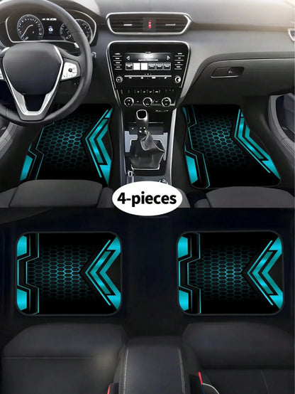 4pcs Car Floor Mat Set- 2D Printed Pattern- Creative Design- Tech-Style Border- Front & Rear Seat Mats- Interior Accessories & Foot Pad- Fit For Cars, SUVs- Fashionable Polyester Material